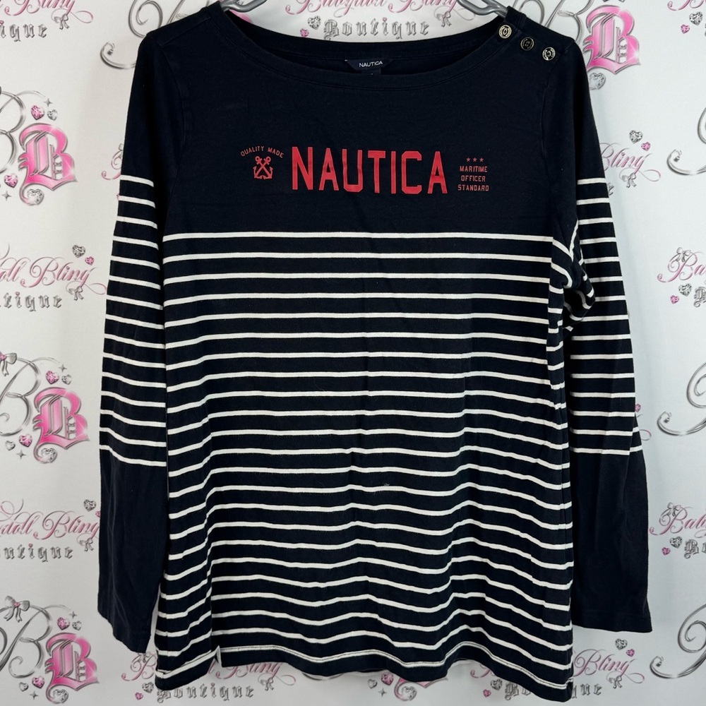 Nautica long sleeve buttons detail Navy and White Striped Top with Red Logo